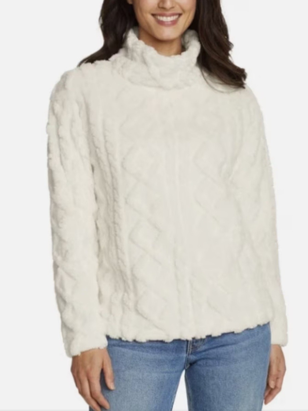 Eddie Bauer Cream Plush Cable-Pattern Turtleneck Sweater